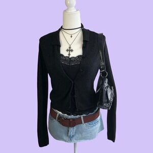 Vintage 90s Airport Black Cropped Knit Cardigan Button Up Sweater Womens M